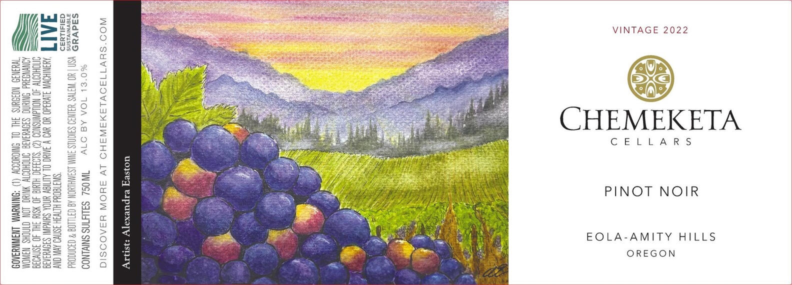 Oregon Wine, 2024. Watercolor on paper. Printed on wine label for Chemeketa Cellars.